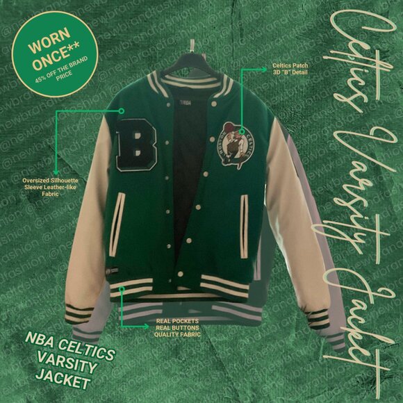 NBA | Boston Celtics Varsity Sports Jacket, Green & Beige, Size: M - Picture 1 of 3